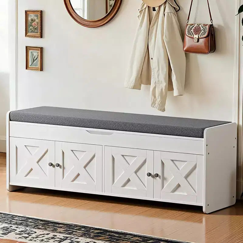 Banc à chaussures de 47,2 pouces de long pour l’entrée, avec assise rembourrée, rangement à couvercle relevable, 4 portes, capacité de 300 lb, banc avec range-chaussures pour l’entrée