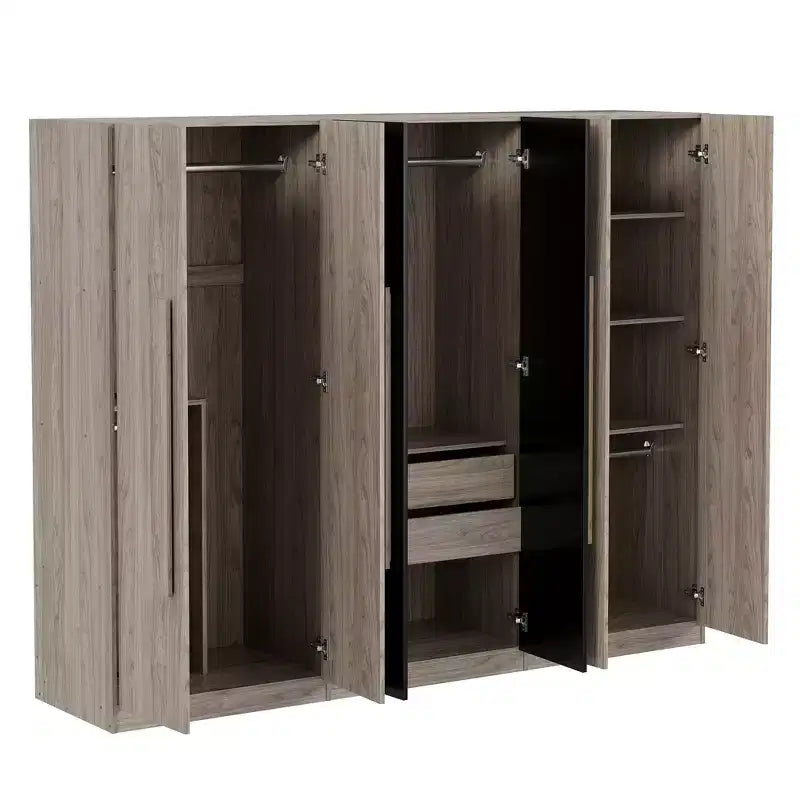 Armário roupeiro 83W com 6 portas, armário de roupa com 2 gavetas, varões para pendurar e prateleiras de arrumação, preto+natural-ModernLuxe