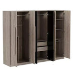 Armário roupeiro 83W com 6 portas, armário de roupa com 2 gavetas, varões para pendurar e prateleiras de arrumação, preto+natural-ModernLuxe