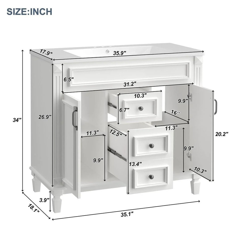36-Zoll moderner Waschtischunterschrank mit Aufsatzwaschbecken und Spiegelschrank, 2 Türen und 2 Schubladen