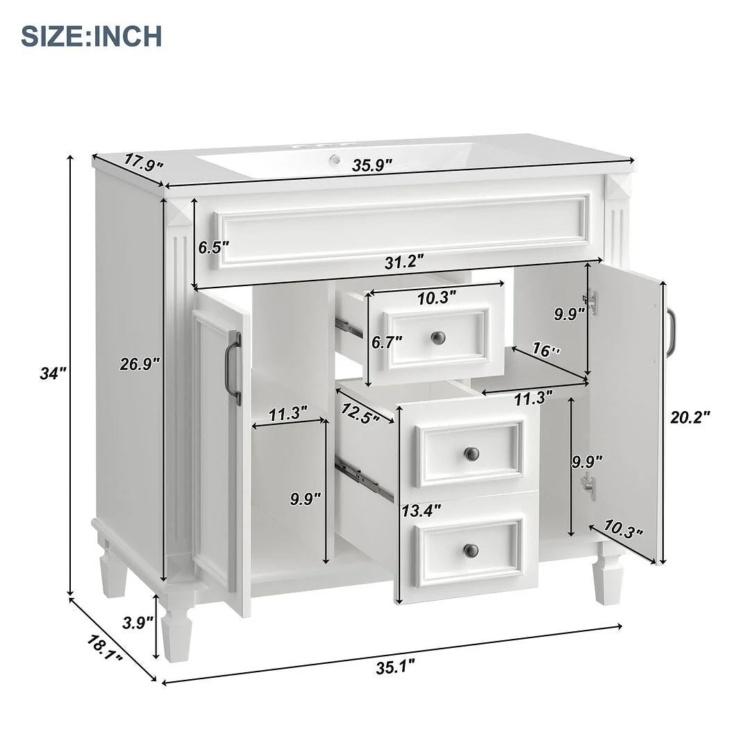 36-Zoll moderner Waschtischunterschrank mit Aufsatzwaschbecken und Spiegelschrank, 2 Türen und 2 Schubladen