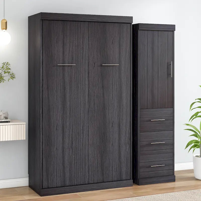 Šedá skládací skříňová postel Murphy s šatní skříní a 3 zásuvkami, Full/Twin, pro 1 osobu