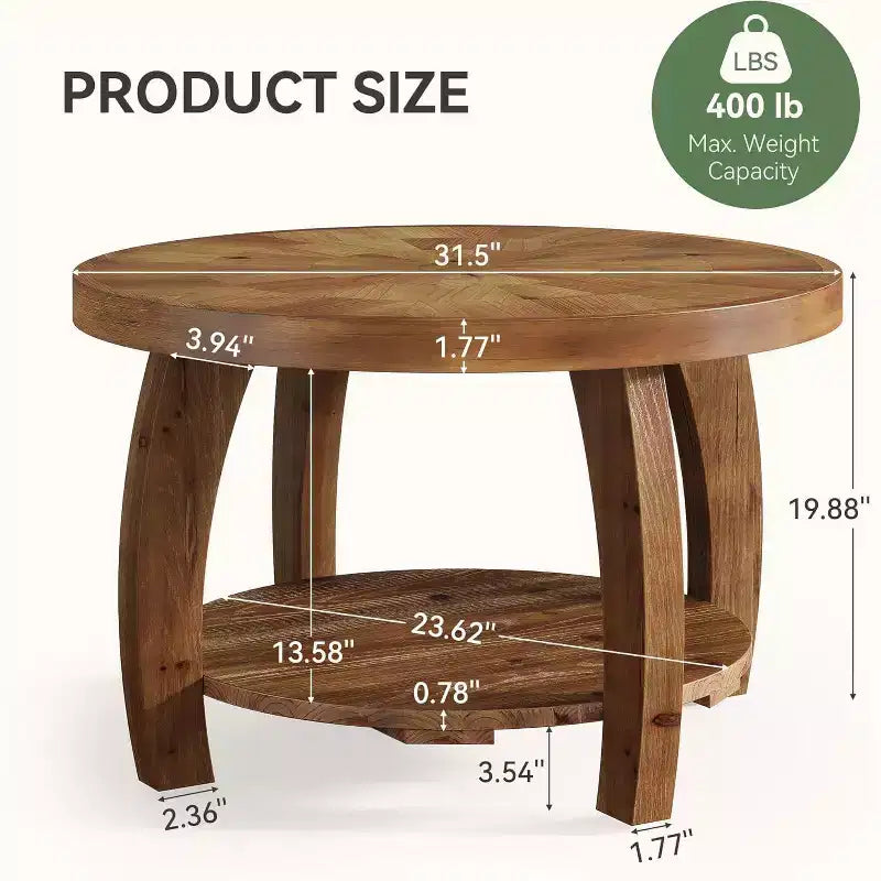 Lantine runder Couchtisch aus Massivholz, 2-stufiger Beistelltisch mit Stauraum, 31,5-Zoll-Tischplatte mit Mosaikmuster, einfache Montage, für das Wohnzimmer, Braun