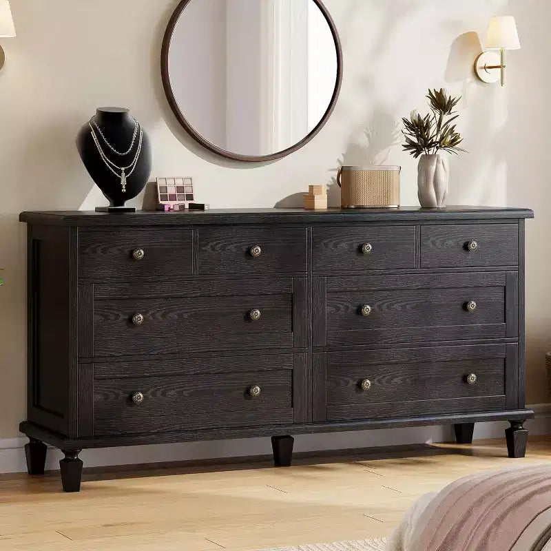 Kommode mit 8 Schubladen für das Schlafzimmer, Vintage-TV-Schrank mit 59 cm, geschnitzten Griffen und konischen Beinen, Holzkommode mit großem Stauraum