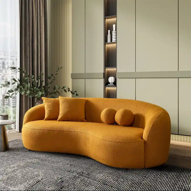 Sofá curvo Blaine de estilo Japandi, moderno e luxuoso, em tecido bouclé