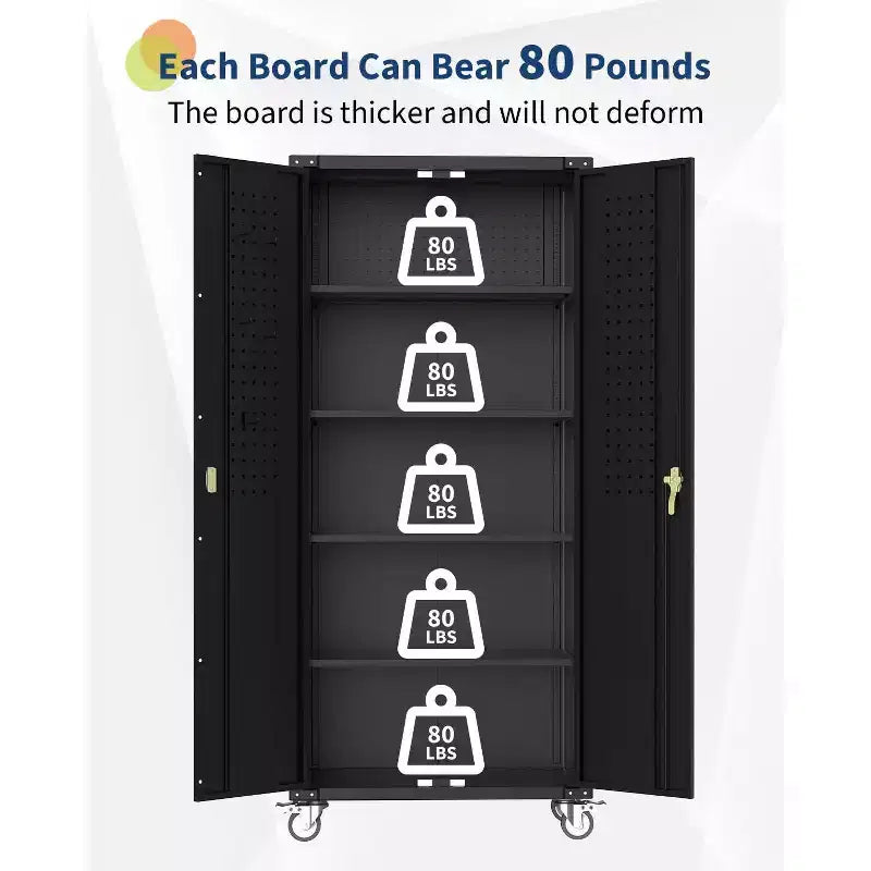 Armoire de rangement de garage à roulettes avec panneau perforé, armoire métallique verrouillable de 72 pouces de hauteur avec 2 portes et 4 étagères réglables pour atelier de garage
