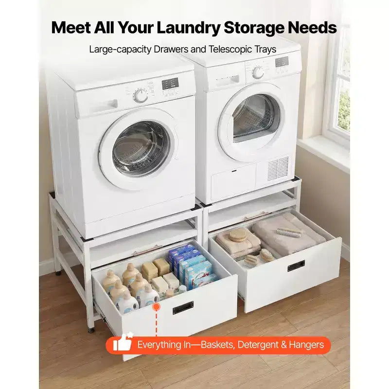 Socle pour lave-linge et sèche-linge VEVOR, hauteur de 22,6 po, 29 x 29 po, avec plateau coulissant et espace de rangement, capacité de charge de 800 lb, antidérapant, blanc