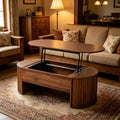 47,2-Zoll-Couchtisch mit Liftfunktion und verborgenem Fach, oval, braun
