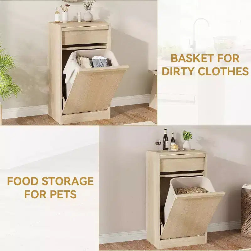 Kippbarer Mülleimer aus natürlicher Eiche, Mülleimer mit Stauraum und Schublade, versteckter Müllschrank, Wäschekorb für Küche, Esszimmer und Wohnzimmer
