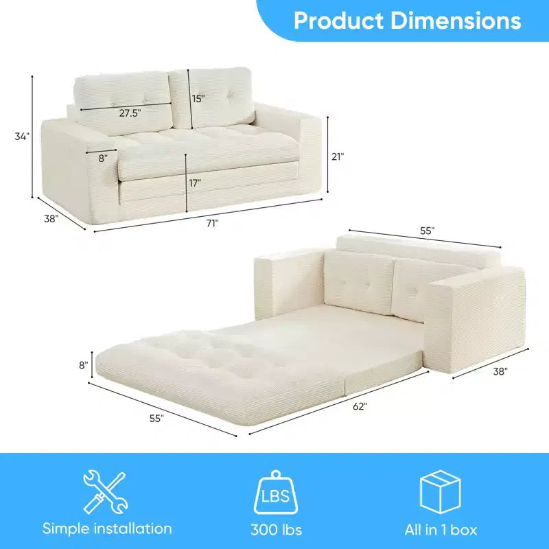 Canapé-lit futon convertible 2-en-1 Mjkone de 71 po, canapé deux places convertible pliable en tissu côtelé avec boutons capitonnés, gain de place